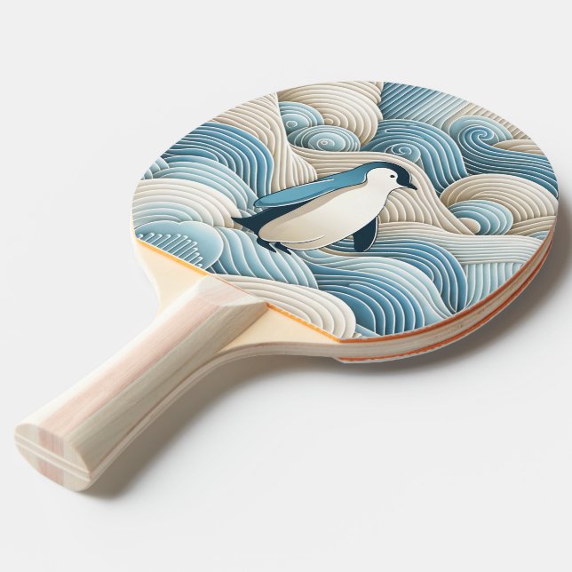 Penguin In Cream Blue Abstract Waves Ping Pong Paddle (Front Angle)