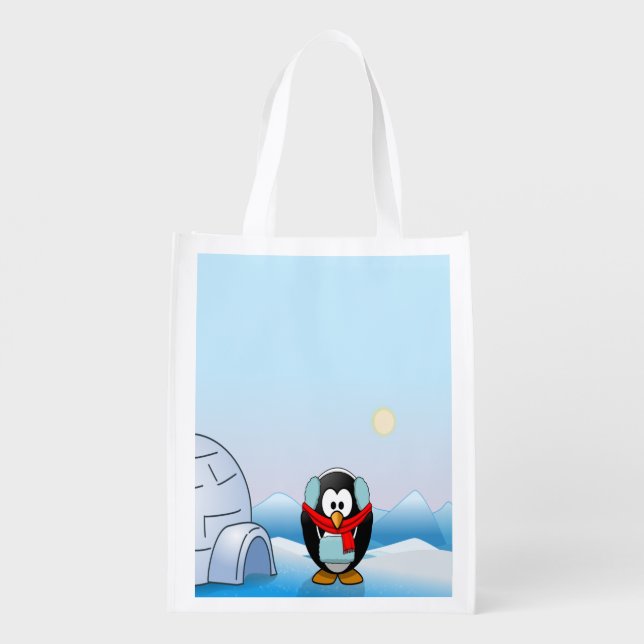 Penguin in Earmuffs, Cute Winter & Christmas Grocery Bag (Back)