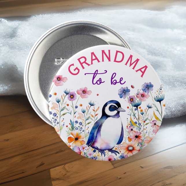 Penguin in Flowers Baby Shower Grandma to be Button (Creator Uploaded)