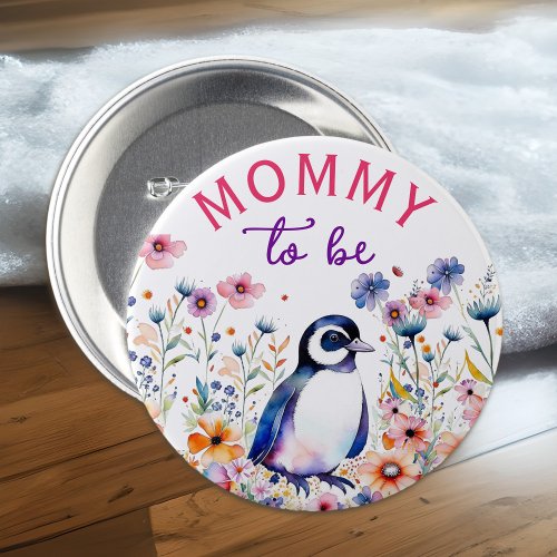 Penguin in Flowers Baby Shower Mom to be Button