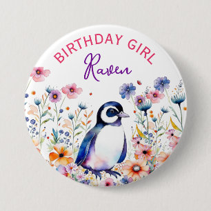 Penguin in Flowers Birthday Girl Personalized Button