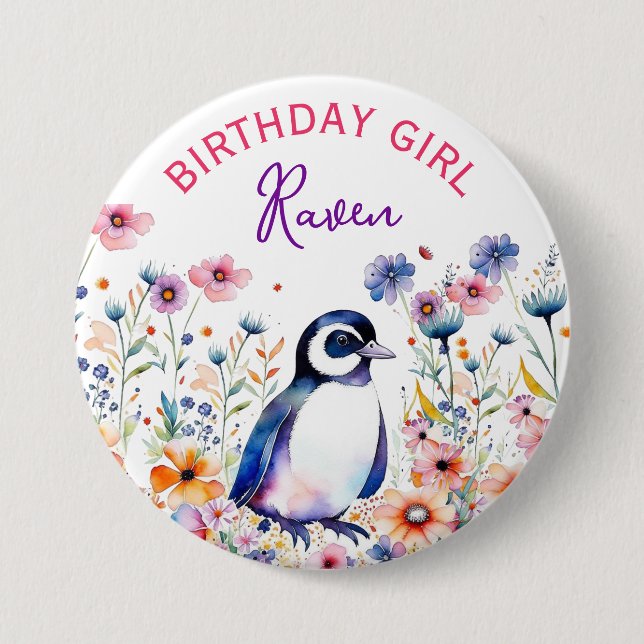 Penguin in Flowers Birthday Girl Personalized Button (Front)
