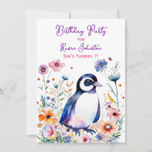 Penguin in Flowers Girl's Birthday Invitation