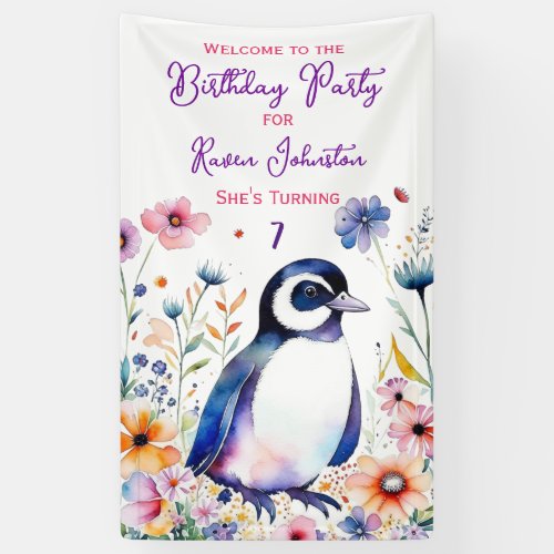 Penguin in Flowers Girls Birthday Party Welcome Banner