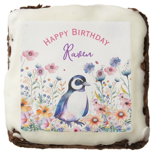 Penguin in Flowers Girls Birthday Personalized Brownie