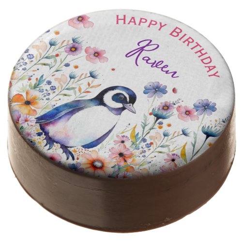 Penguin in Flowers Girls Birthday Personalized Chocolate Covered Oreo