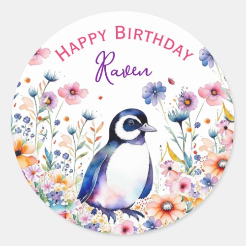 Penguin in Flowers Girls Birthday Personalized Classic Round Sticker