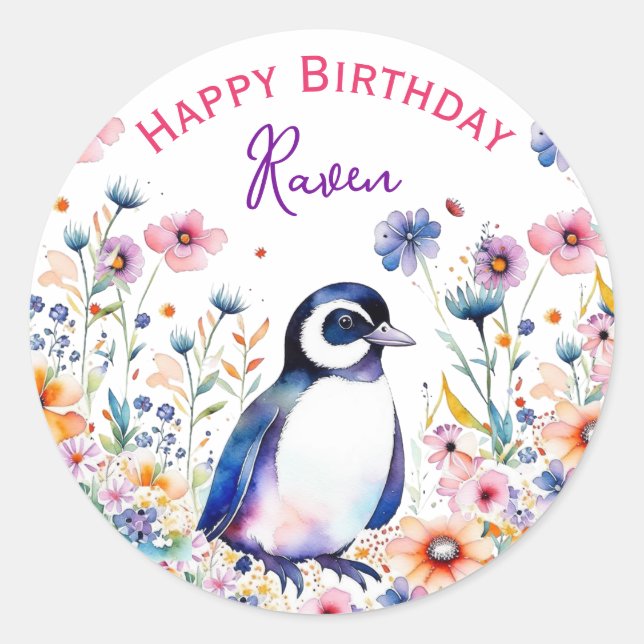 Penguin in Flowers Girl's Birthday Personalized Classic Round Sticker (Front)