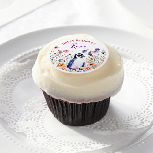 Penguin in Flowers Girls Birthday Personalized Edible Frosting Rounds