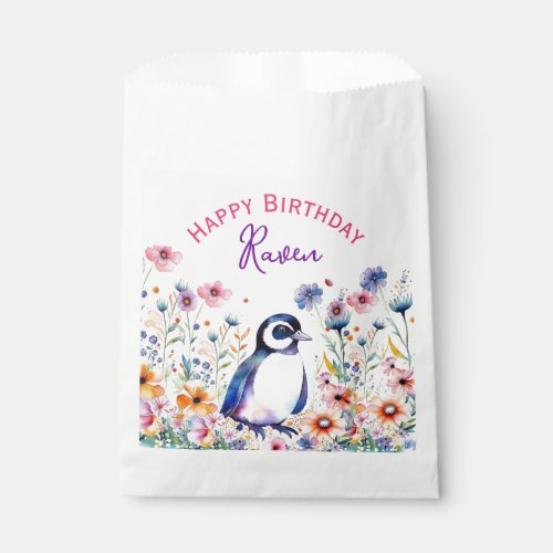 Penguin in Flowers Girls Birthday Personalized Favor Bag