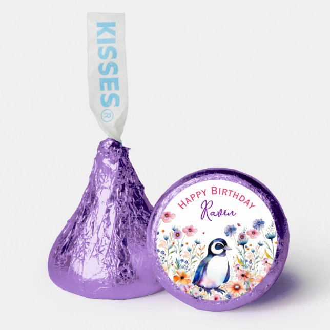 Penguin in Flowers Girl's Birthday Personalized Hershey®'s Kisses® (Front)