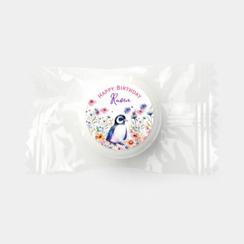 Penguin in Flowers Girls Birthday Personalized Life Saver Mints