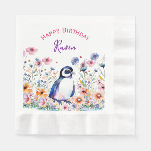 Penguin in Flowers Girl's Birthday Personalized Napkins