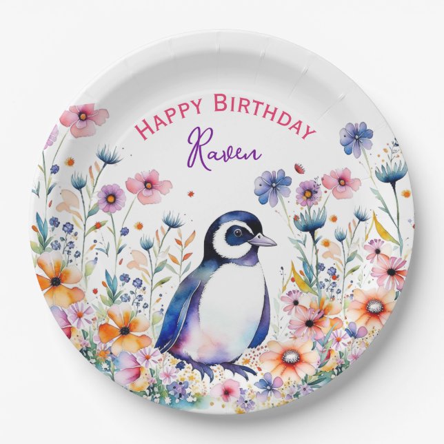 Penguin in Flowers Girl's Birthday Personalized Paper Plates (Front)