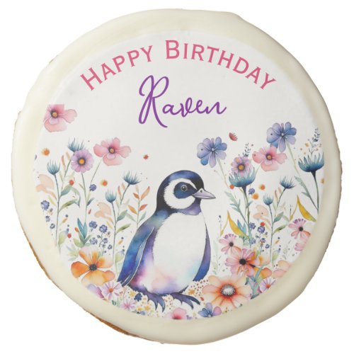 Penguin in Flowers Girls Birthday Personalized Sugar Cookie