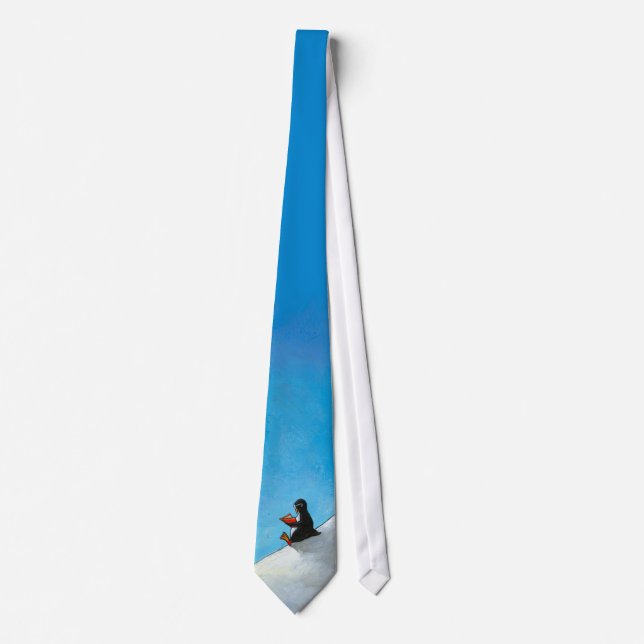 Penguin in glasses reading a book fun art neck tie (Front)