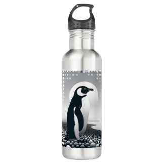 Penguin In Gray Geometry Circle Dot Beach Pattern Stainless Steel Water Bottle
