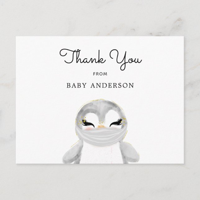 Penguin in Mask Baby Shower Thank You Postcard (Front)