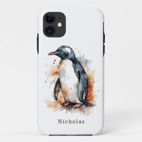 penguin in orange and black watercolor iPhone 11 case