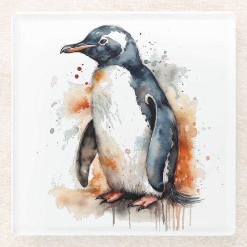 penguin in orange and black watercolor glass coaster