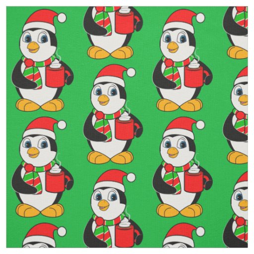 Penguin in Santa Hat Drinking Cocoa Fabric