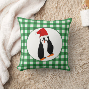 Penguin in Santa Hat Green Gingham Merry Christmas Throw Pillow