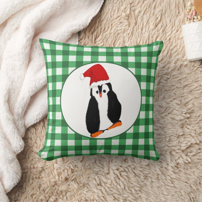 Penguin in Santa Hat Green Gingham Merry Christmas Throw Pillow (Blanket)