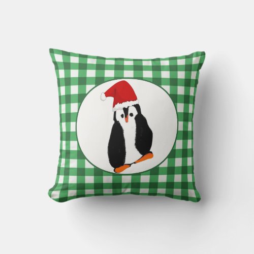 Penguin in Santa Hat Green Gingham Merry Christmas Throw Pillow