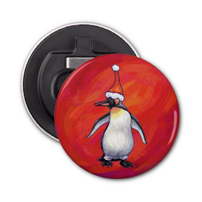 Penguin in Santa Hat on Red Bottle Opener (Front)