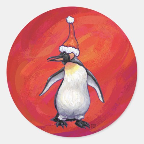 Penguin in Santa Hat on Red Classic Round Sticker