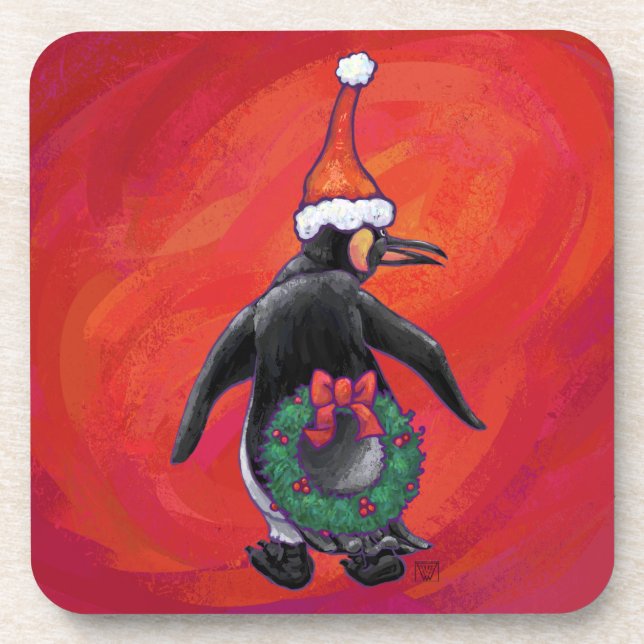 Penguin in Santa Hat on Red Drink Coaster (Front)