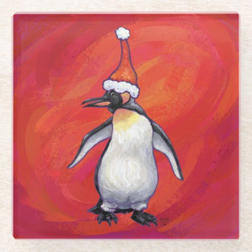 Penguin in Santa Hat on Red Glass Coaster