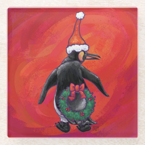 Penguin in Santa Hat on Red Glass Coaster