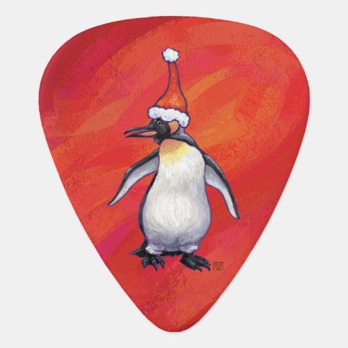 Penguin in Santa Hat on Red Guitar Pick
