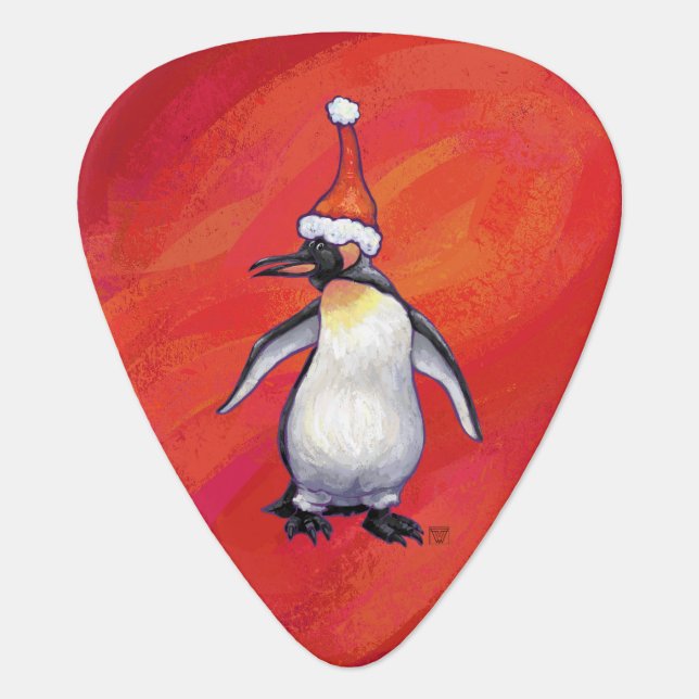 Penguin in Santa Hat on Red Guitar Pick (Front)