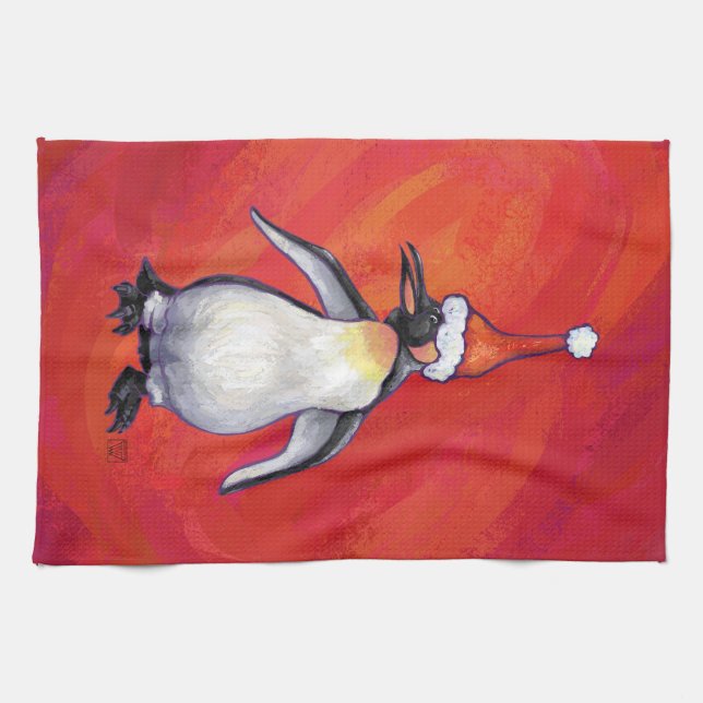 Penguin in Santa Hat on Red Kitchen Towel (Horizontal)
