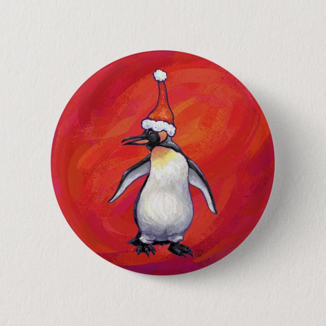 Penguin in Santa Hat on Red Pinback Button (Front)