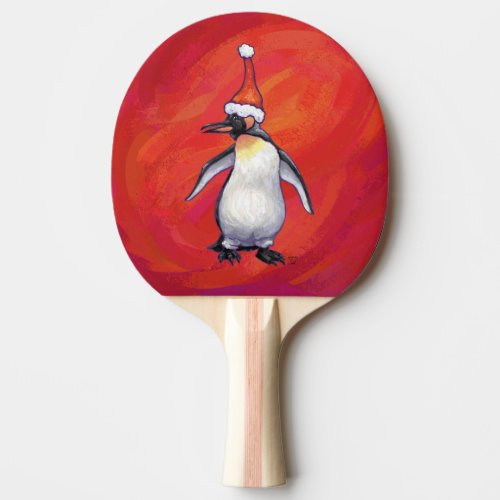Penguin in Santa Hat on Red Ping Pong Paddle