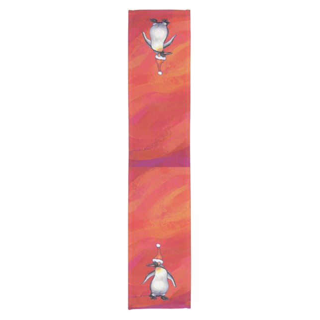 Penguin in Santa Hat on Red Short Table Runner (Front)