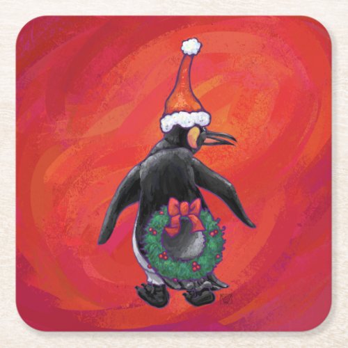 Penguin in Santa Hat on Red Square Paper Coaster