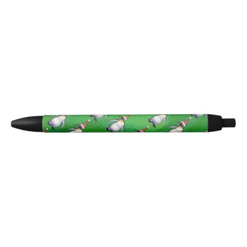 Penguin in Santa Hat Pattern on Green Black Ink Pen