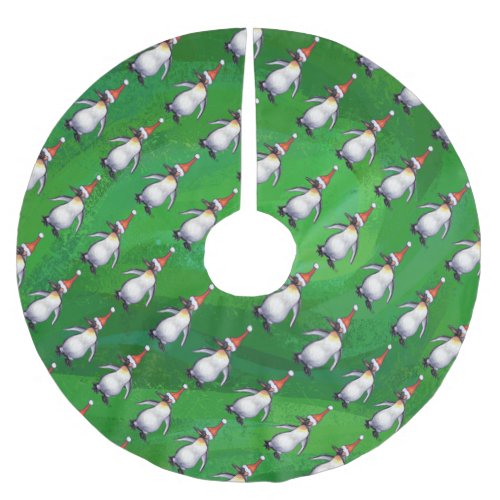 Penguin in Santa Hat Pattern on Green Brushed Polyester Tree Skirt