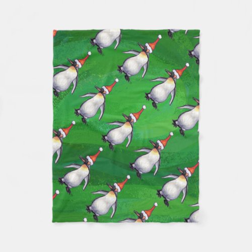 Penguin in Santa Hat Pattern on Green Fleece Blanket
