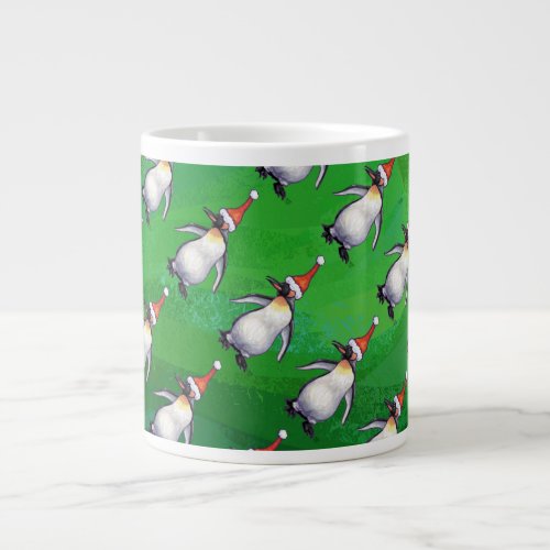 Penguin in Santa Hat Pattern on Green Giant Coffee Mug