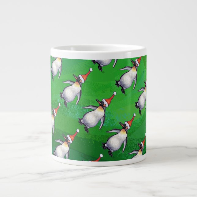 Penguin in Santa Hat Pattern on Green Giant Coffee Mug (Front)