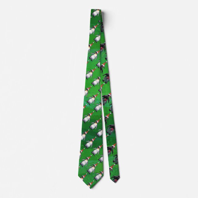 Penguin in Santa Hat Pattern on Green Neck Tie (Front)