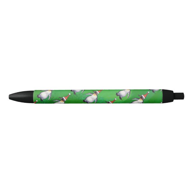 Penguin in Santa Hat Pattern on Green Pen (Front)