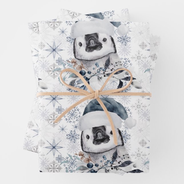 Penguin in Santa Hat Snowflakes Pattern Christmas  Wrapping Paper Sheets (In situ)