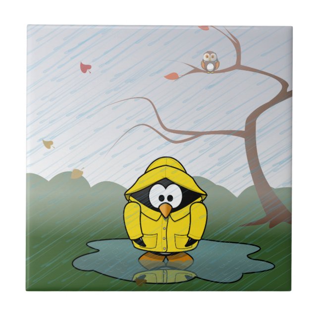 Penguin in the rain ceramic tile (Front)