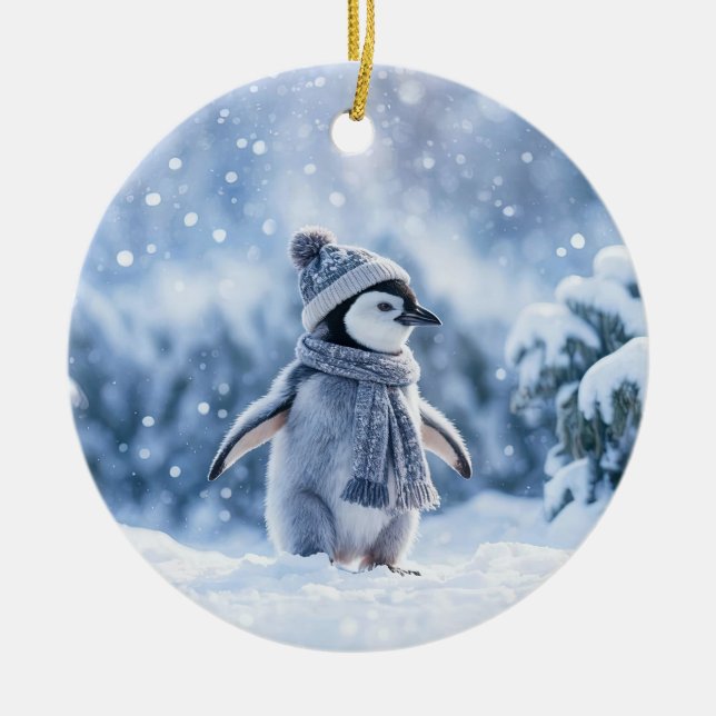 Penguin in the Snow Cute Christmas Ceramic Ornament (Front)
